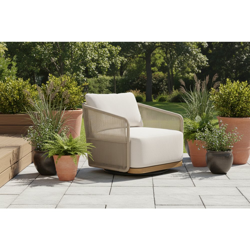 Alpine Teak Wood Modern Swivel Outdoor Arm Chair – Beige. Picture 3