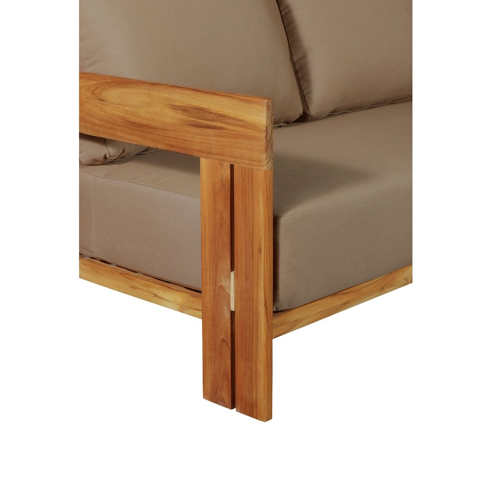 Paradiso Outdoor Solid Teak Wood Sofa - Light Brown Fabric. Picture 4
