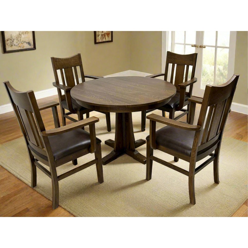 Mission Oak Round Dining Table & Arm chair Set of 4- 42" - Walnut. Picture 1