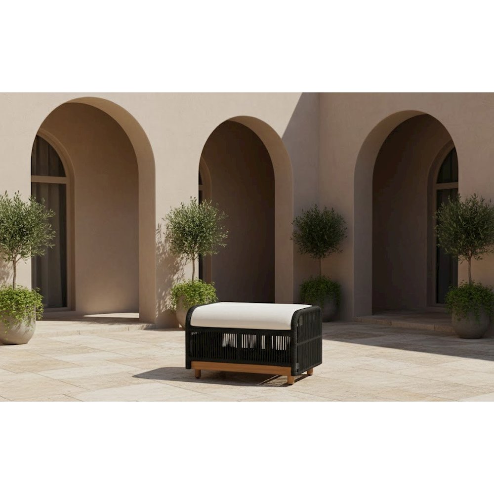 Alpine Teak Wood Outdoor Ottoman with Black - Rope Design. Picture 8