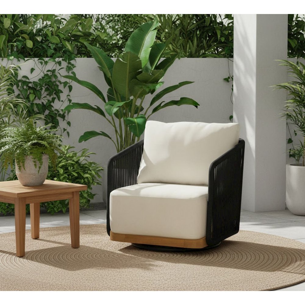 Alpine Teak Wood Modern Swivel Outdoor Arm Chair – Black. Picture 7
