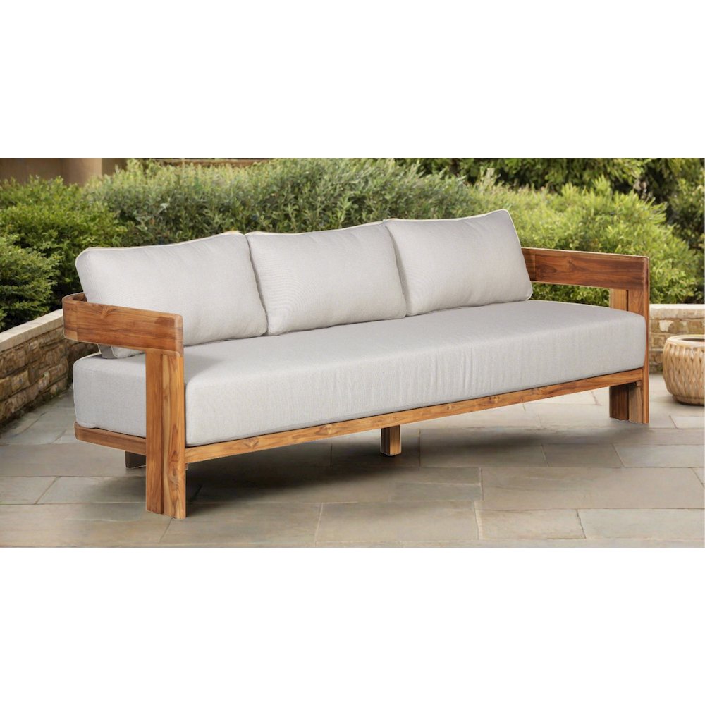 Paradiso Outdoor Solid Teak Wood Sofa - Gray Fabric. Picture 2