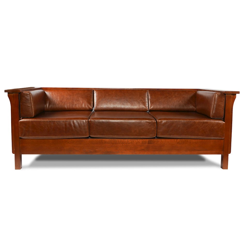 Craftsman Cubic Slat Side Sofa - Chestnut Brown Leather. Picture 3