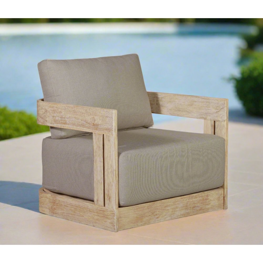 Paradiso Outdoor Teak Natural Look Revolving Chair - Gray Fabric. Picture 2