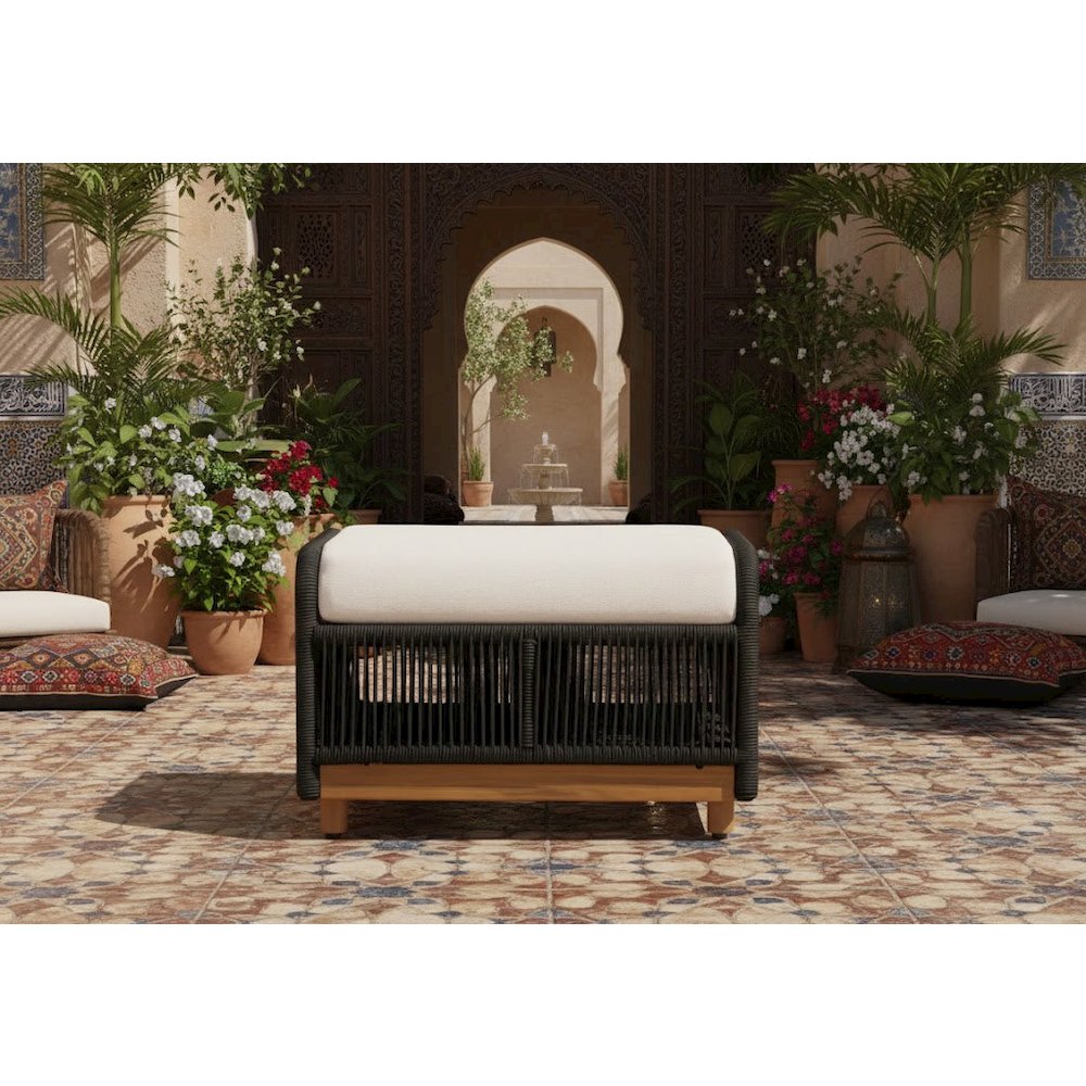 Alpine Teak Wood Outdoor Ottoman with Black - Rope Design. Picture 4