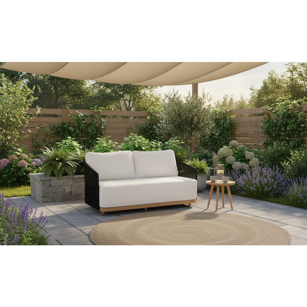 Alpine Teak Wood Outdoor Loveseat with Black Rope Design. Picture 8