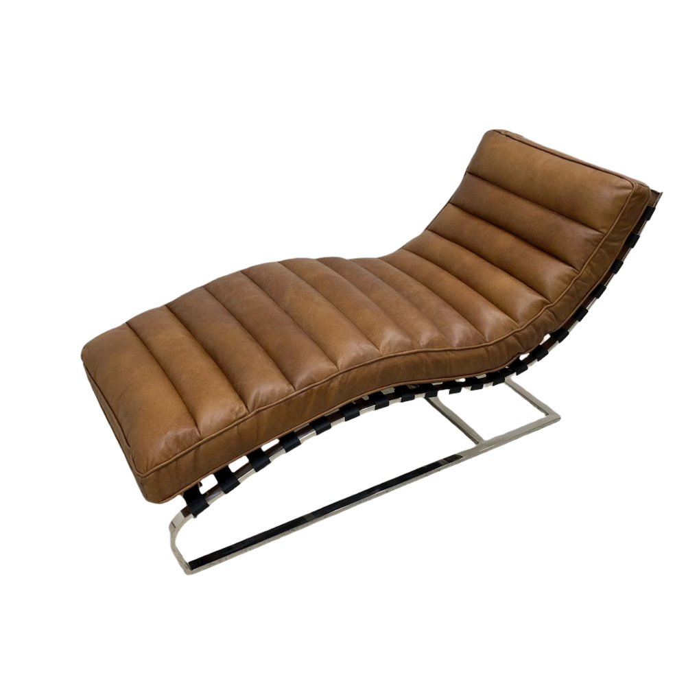 Plano Modern Channeled Leather Chaise Lounge - Light Brown Leather. Picture 2