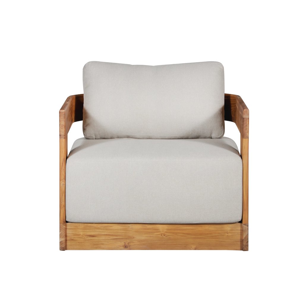 Paradiso Outdoor Solid Teak Swivel Chair - Gray Fabric. Picture 1