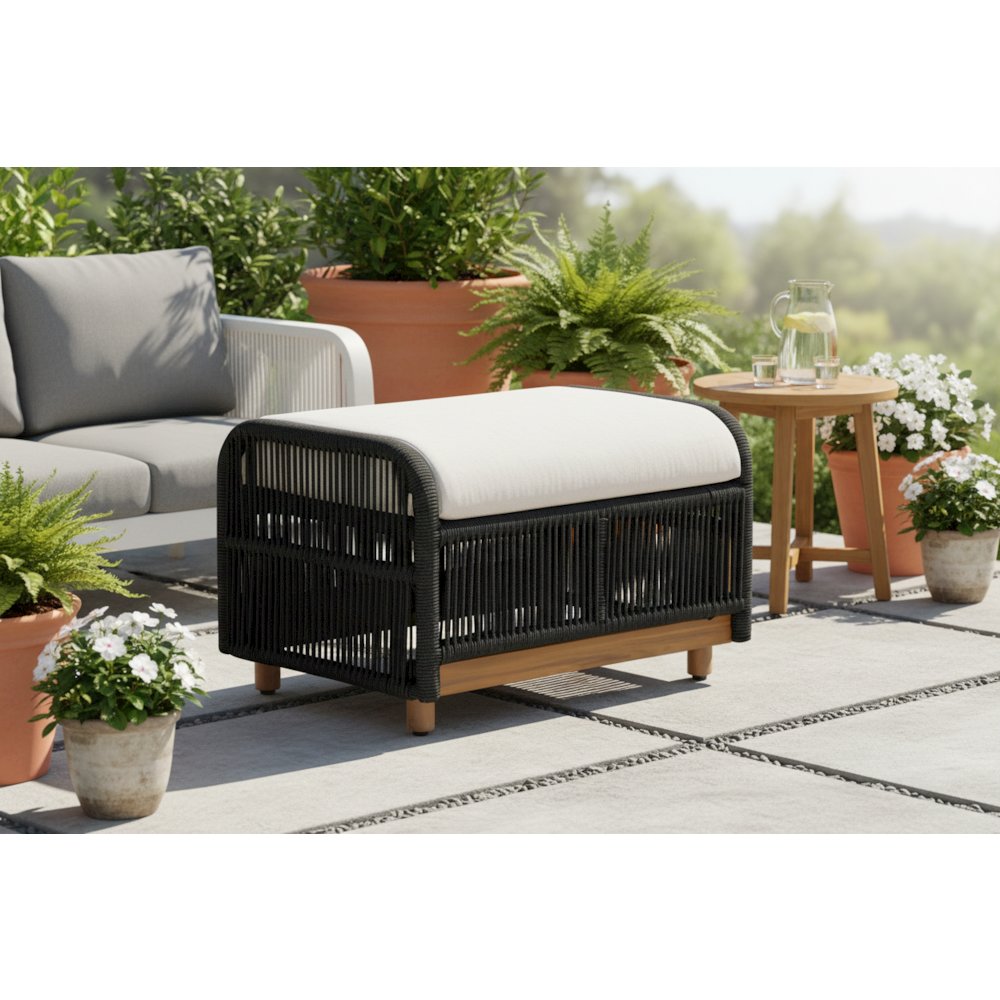 Alpine Teak Wood Outdoor Ottoman with Black - Rope Design. Picture 2