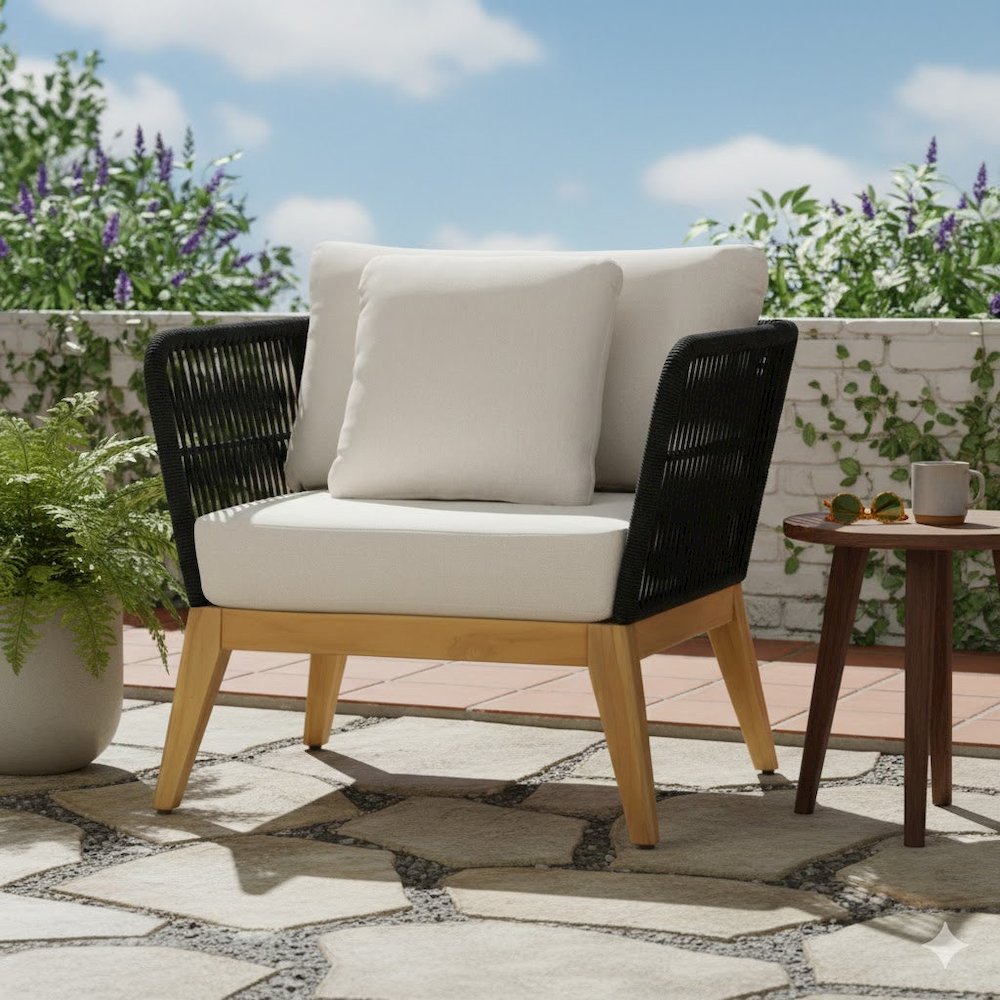 Cypress Teak Wood Outdoor Arm Chair with Black Rope Design. Picture 2