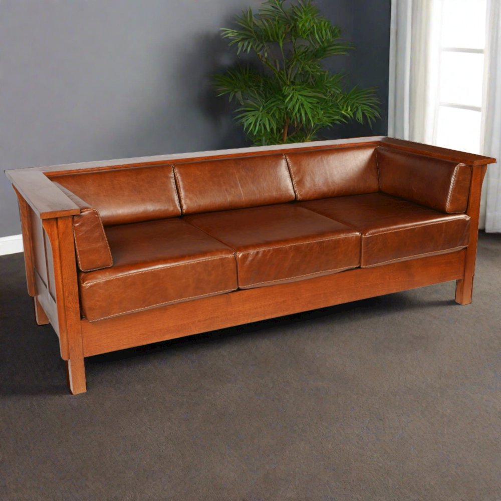 Craftsman Cubic Panel Side Sofa - Chestnut Brown Leather. Picture 5