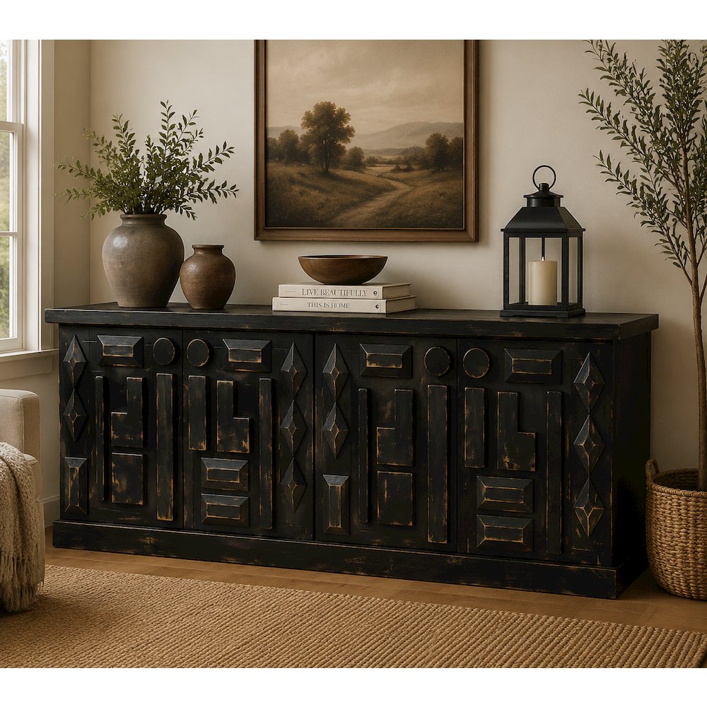 Asbury Asian Inspired Solid Wood 72" Sideboard, Console - Black. Picture 6