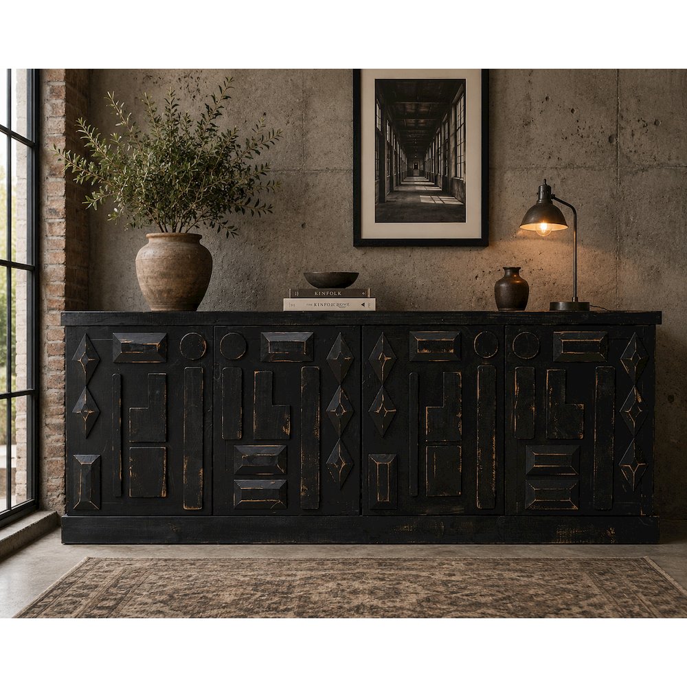 Asbury Asian Inspired Solid Wood 72" Sideboard, Console - Black. Picture 5