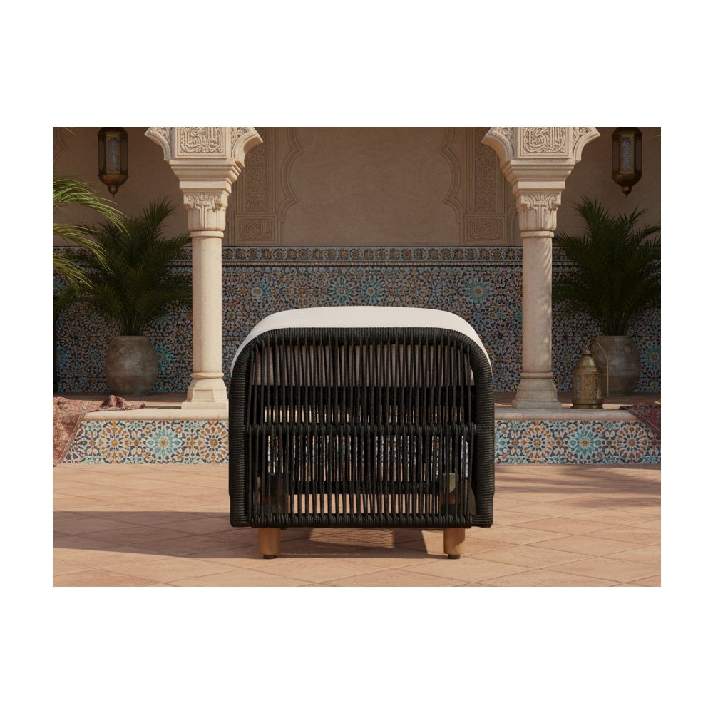 Alpine Teak Wood Outdoor Ottoman with Black - Rope Design. Picture 6