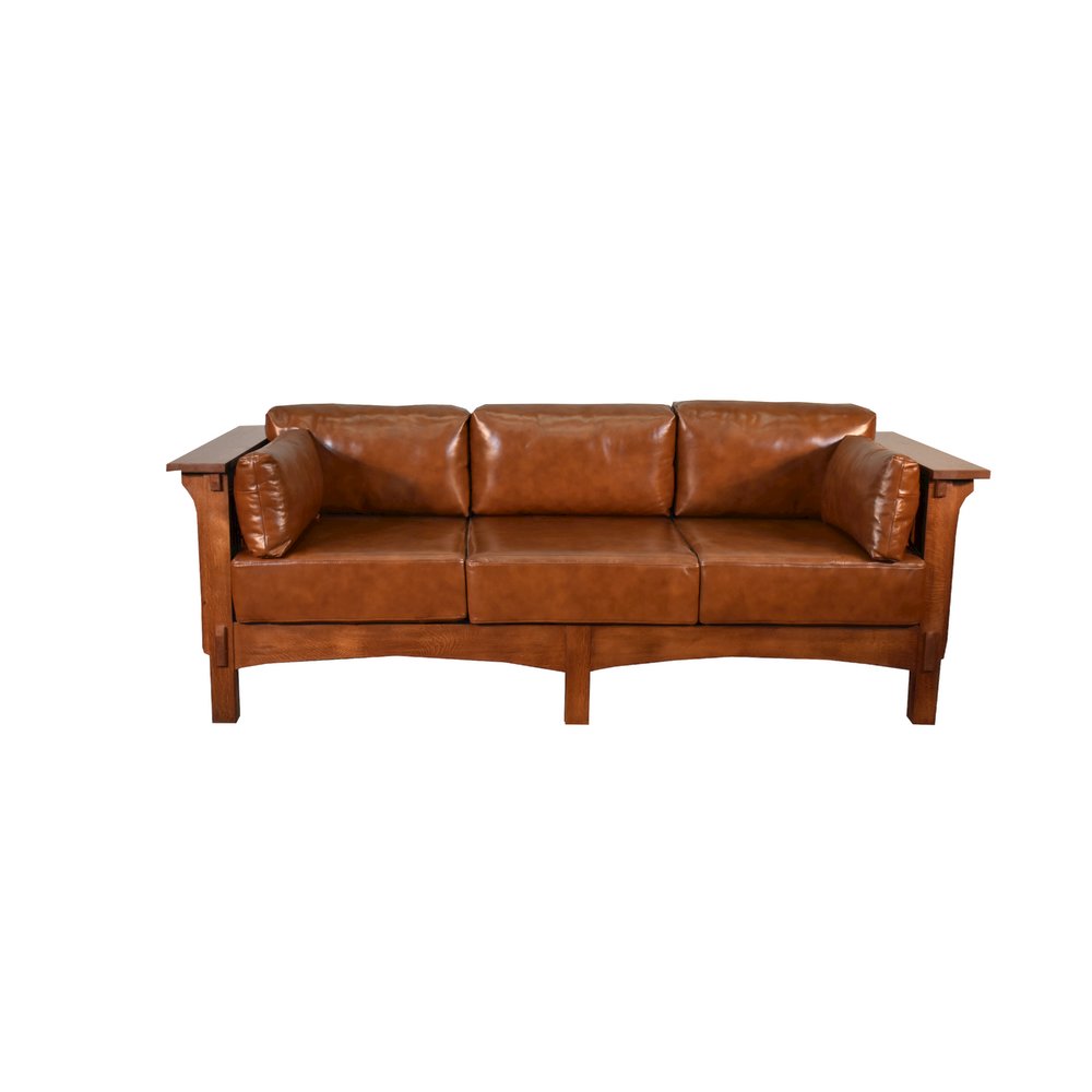 Crofter Style Sofa - Solid Quarter Sawn White Oak And Leather Cushions. Picture 2