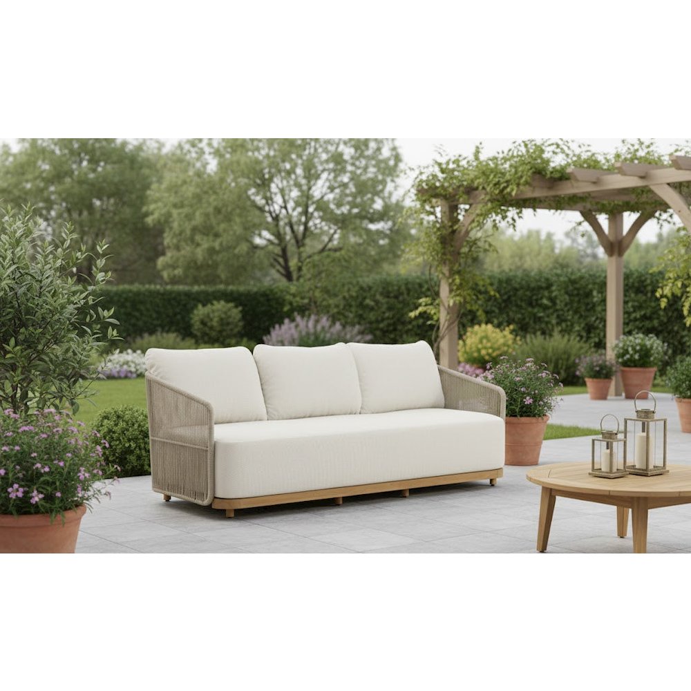 Alpine Teak Wood Outdoor Sofa with Biege Rope Design. Picture 8