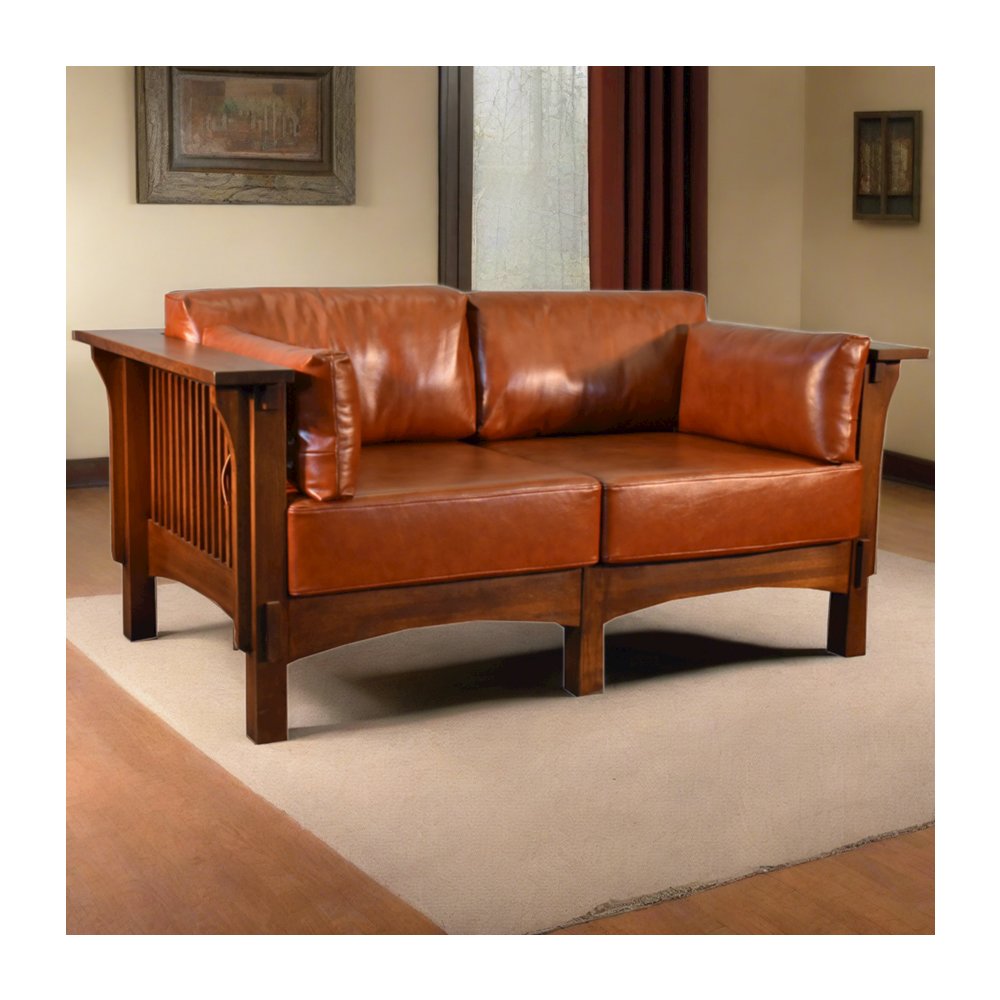 Arts And Crafts / Craftsman Crofter Style Love Seat - Russet Brown Leather. Picture 3