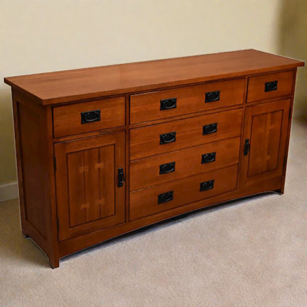 Mission Quarter Sawn Oak 6 Drawer Sideboard - 62" - Michael's Cherry. Picture 2