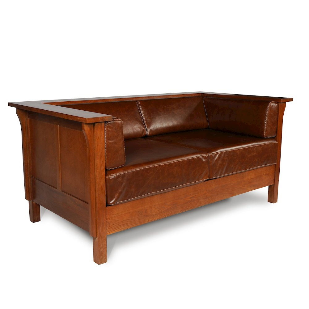 Craftsman Cubic Panel Side Love Seat - Chestnut Brown Leather. Picture 2