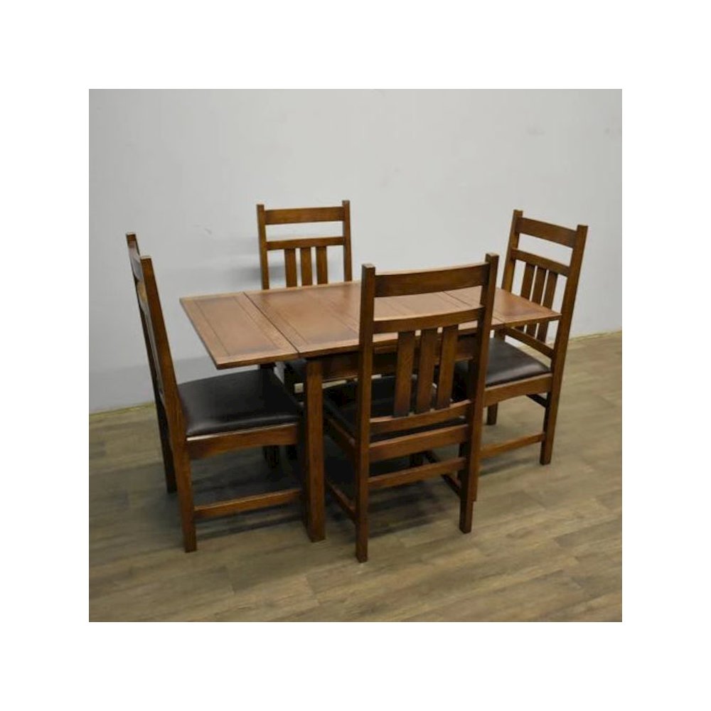 Mission Oak Kitchen Table With 2 Leaves And 4 Oak Dining Chairs - Dark Brown. Picture 1
