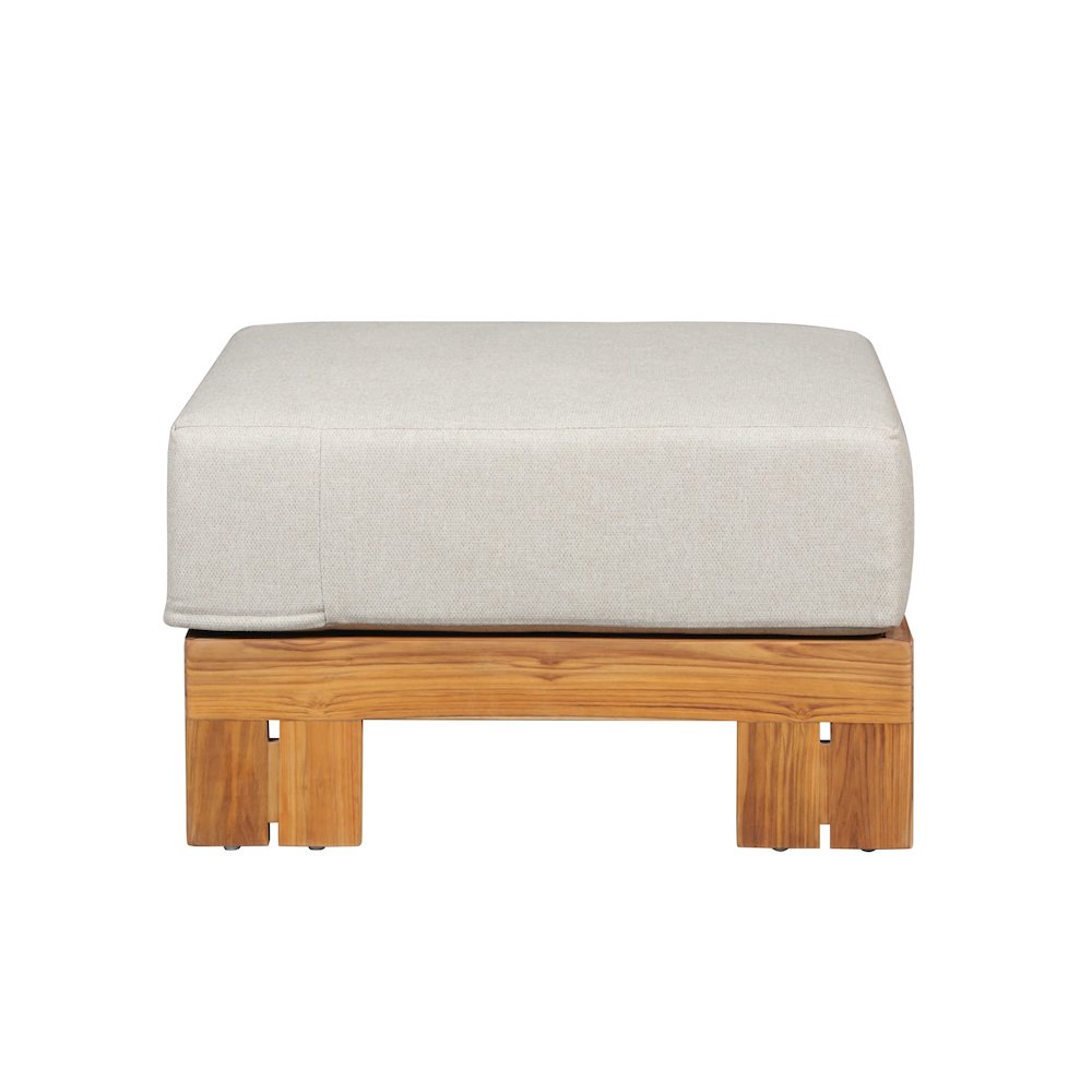 Paradiso Outdoor Solid Teak Wood Ottoman - Gray fabric. Picture 1