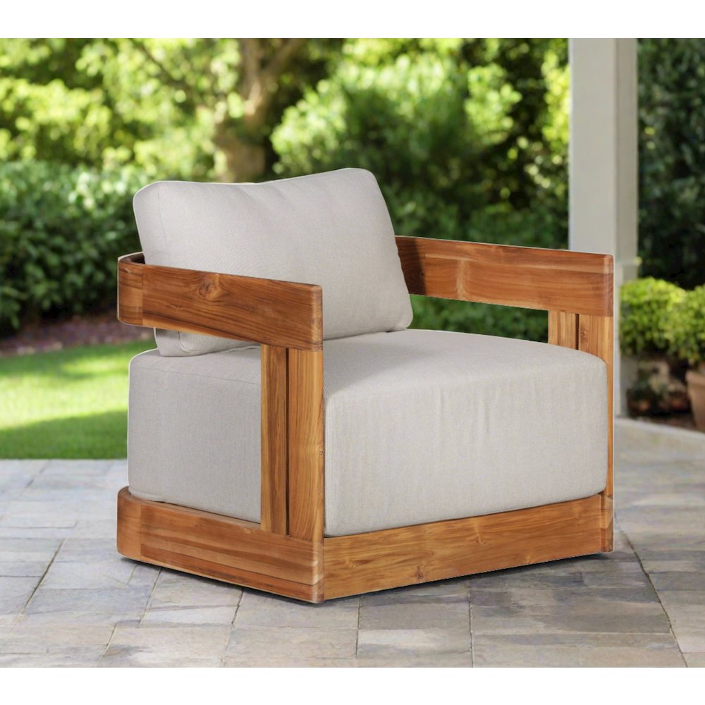 Paradiso Outdoor Solid Teak Swivel Chair - Gray Fabric. Picture 2