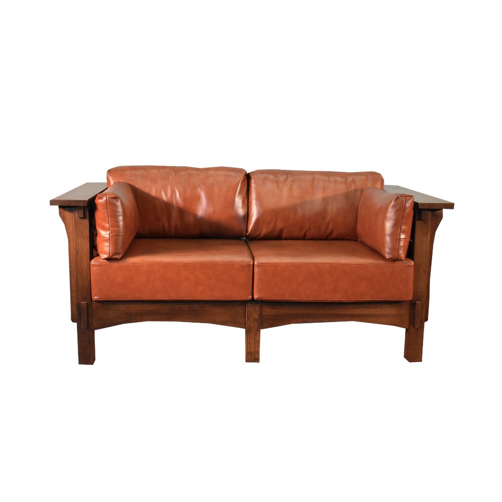 Arts And Crafts / Craftsman Crofter Style Love Seat - Russet Brown Leather. Picture 1