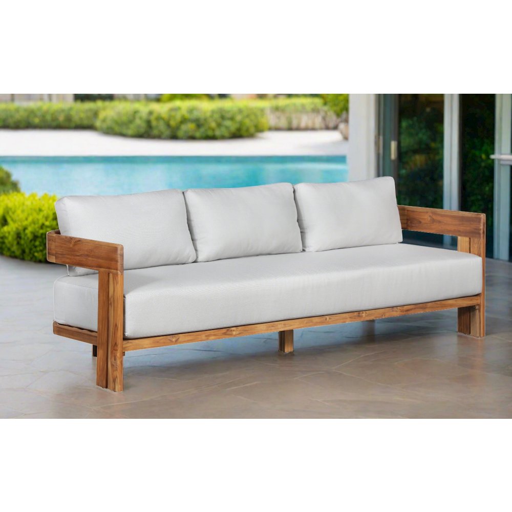 Paradiso Outdoor Solid Teak Wood Sofa - Light Gray Fabric. Picture 2