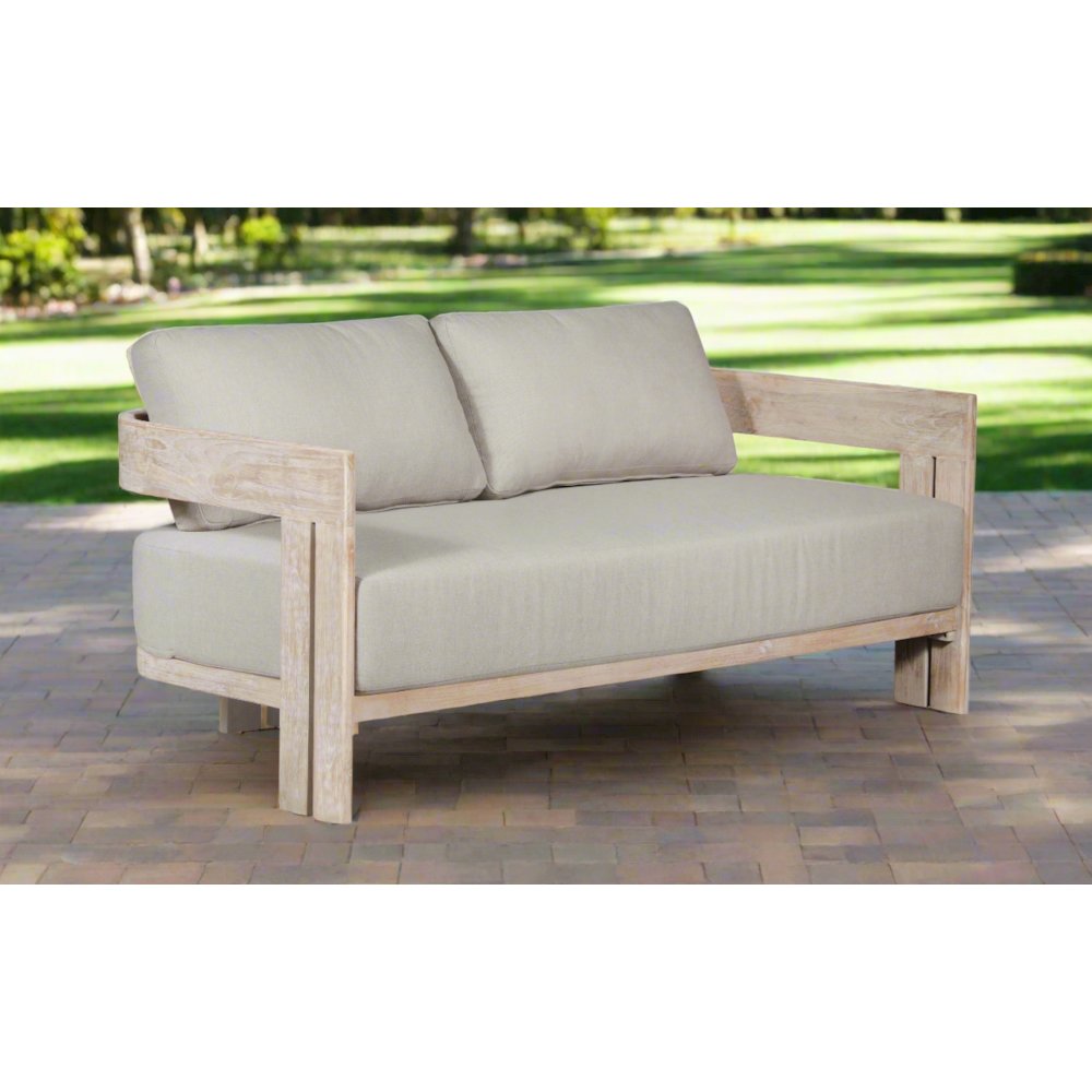 Paradiso Outdoor Solid Teak Wood Love seat Natural Look - Gray Fabric. Picture 2