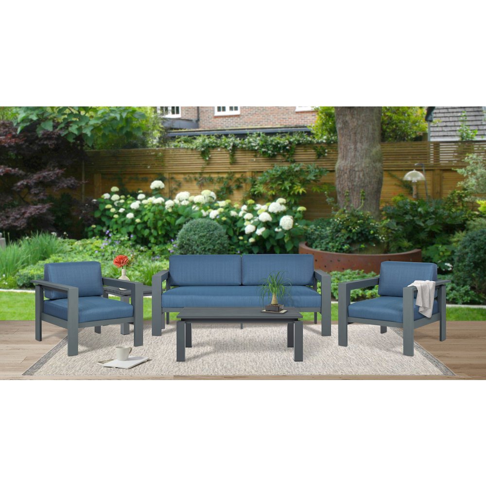 Sardinia Aluminum Frame Outdoor 74" Love seat / Sofa - Blue Cushions. Picture 3