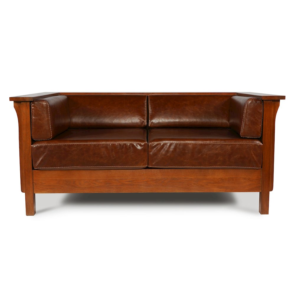 Craftsman Cubic Panel Side Love Seat - Chestnut Brown Leather. Picture 1