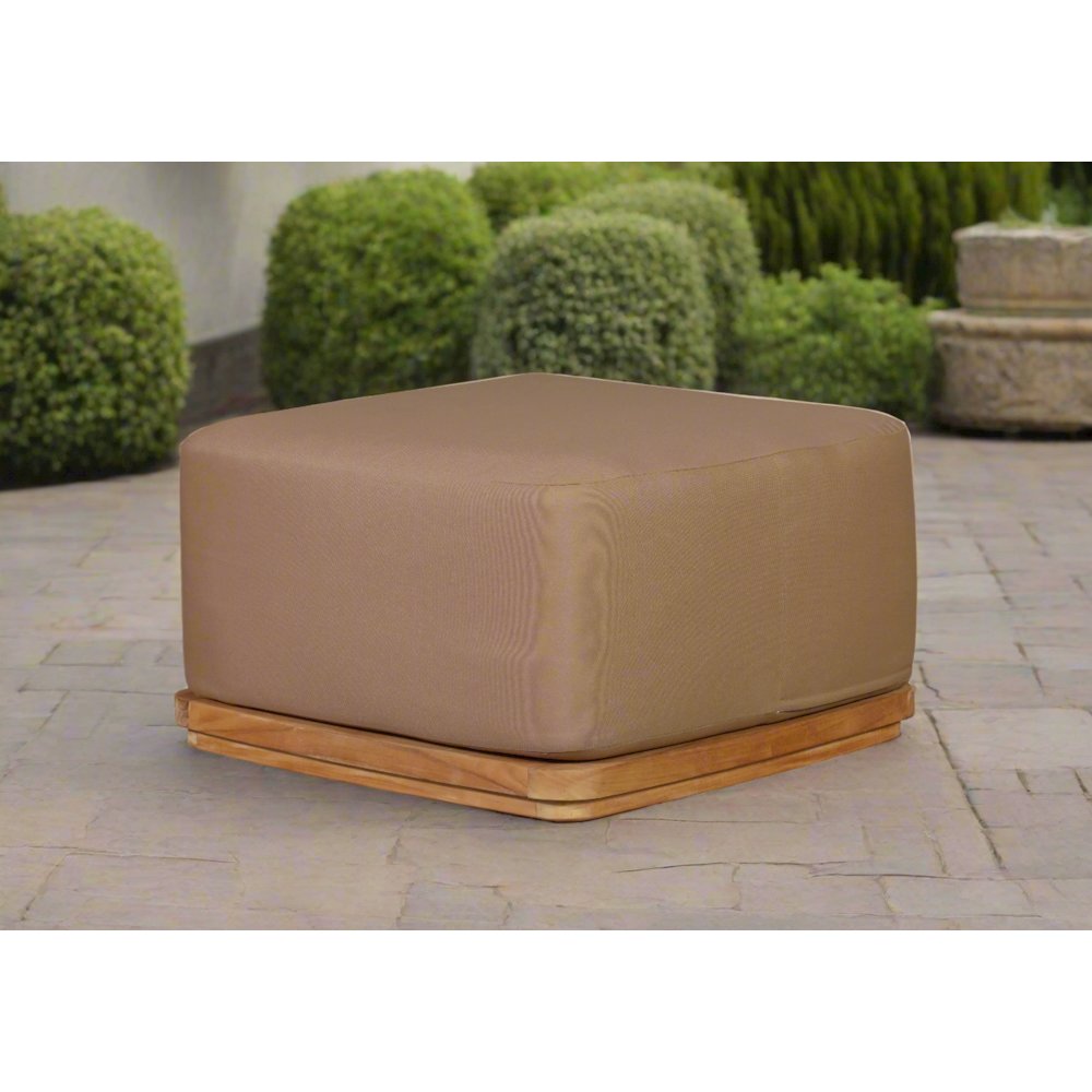 Eclipse Outdoor Solid Teak Wood Ottoman - Light Brown Fabric. Picture 2