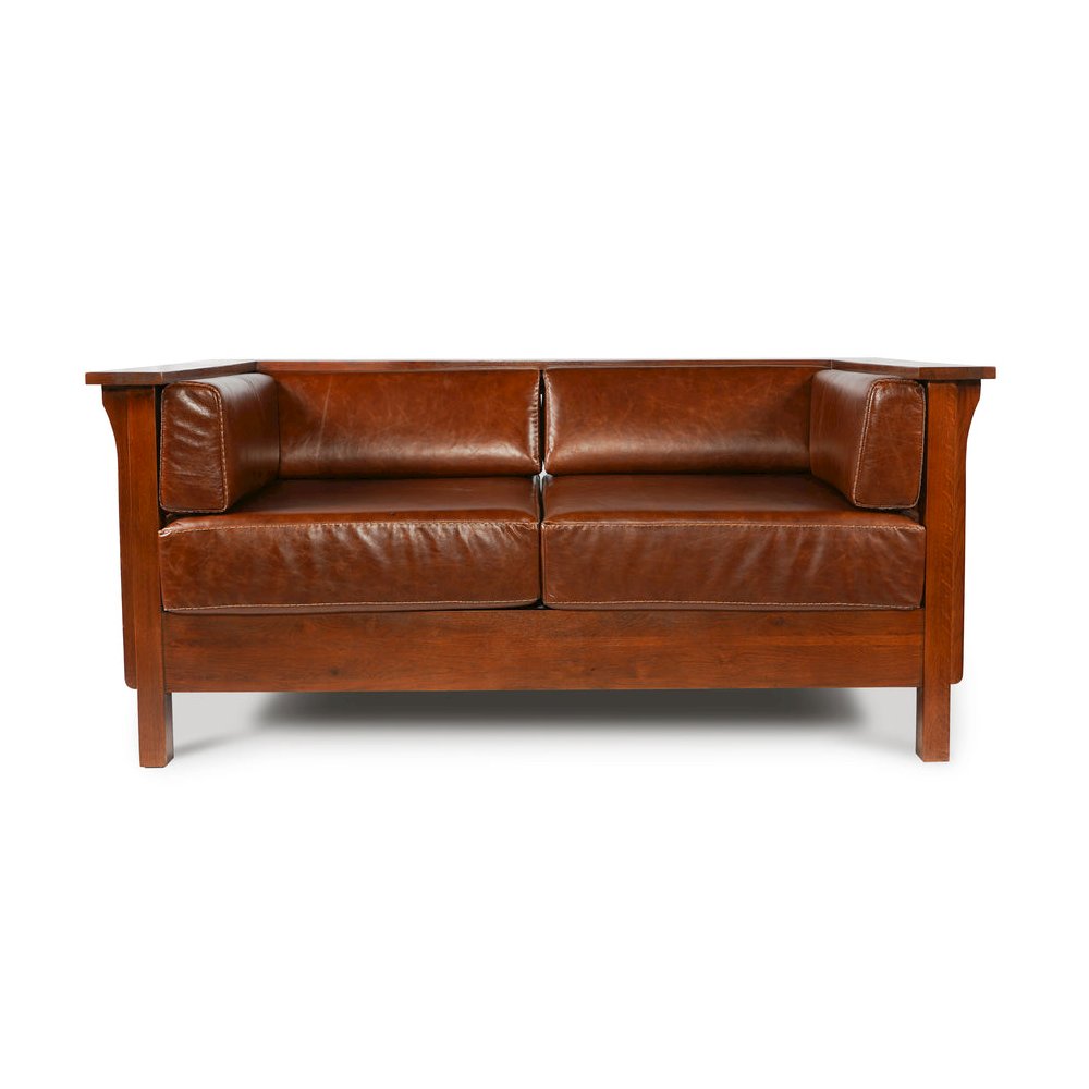 Preorder Mission / Craftsman Cubic Slat Side Love Seat - Chestnut Brown Leather. Picture 2