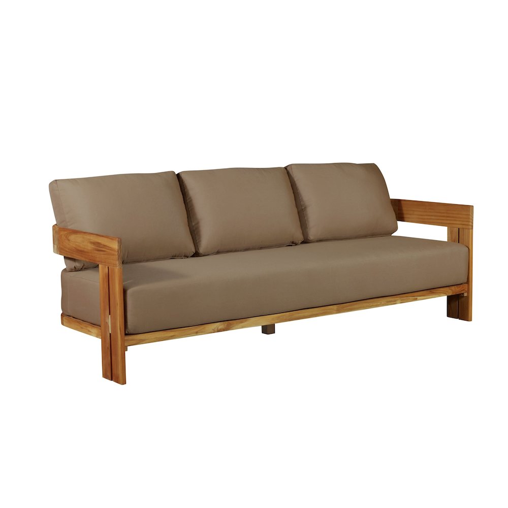 Paradiso Outdoor Solid Teak Wood Sofa - Light Brown Fabric. Picture 3
