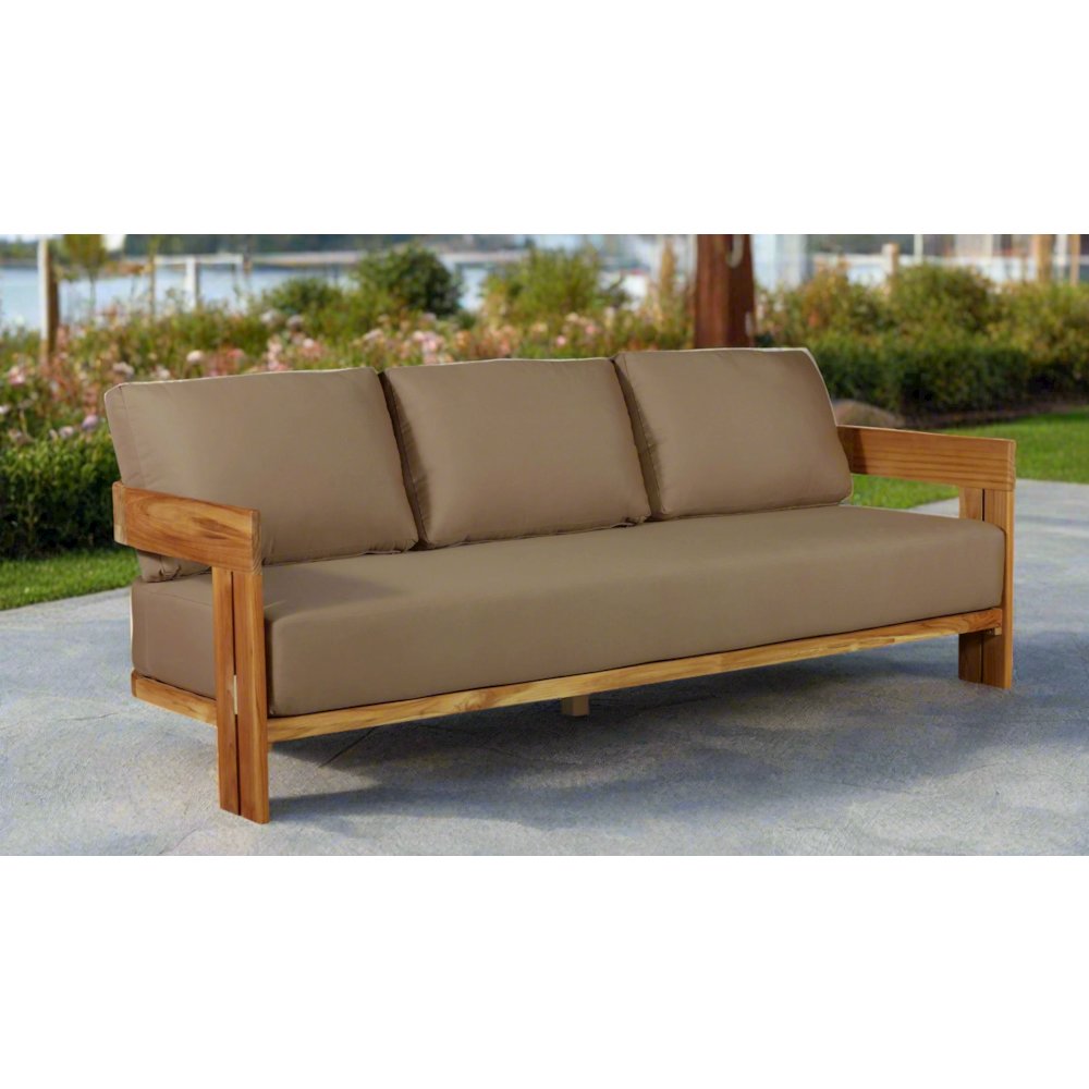 Paradiso Outdoor Solid Teak Wood Sofa - Light Brown Fabric. Picture 2