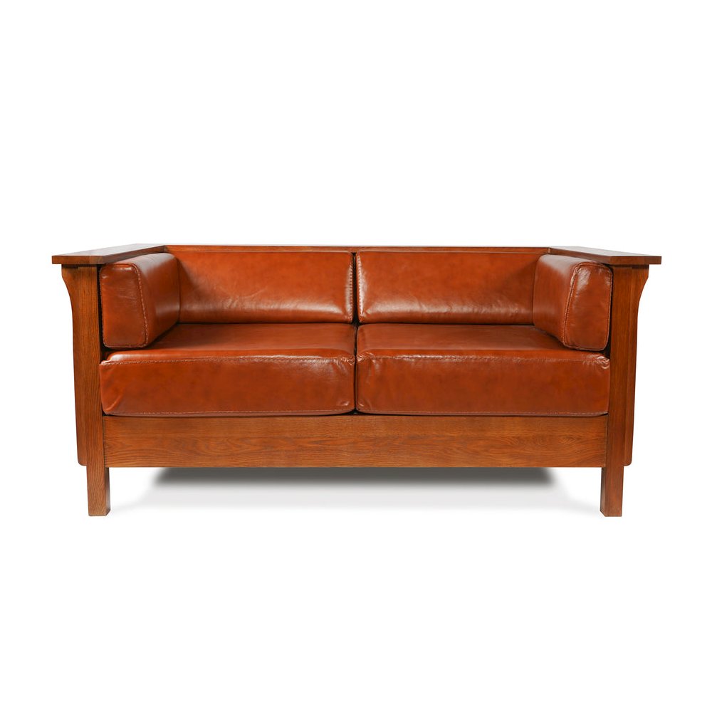 Craftsman Cubic Panel Side Love Seat - Russet Brown Leather. Picture 2
