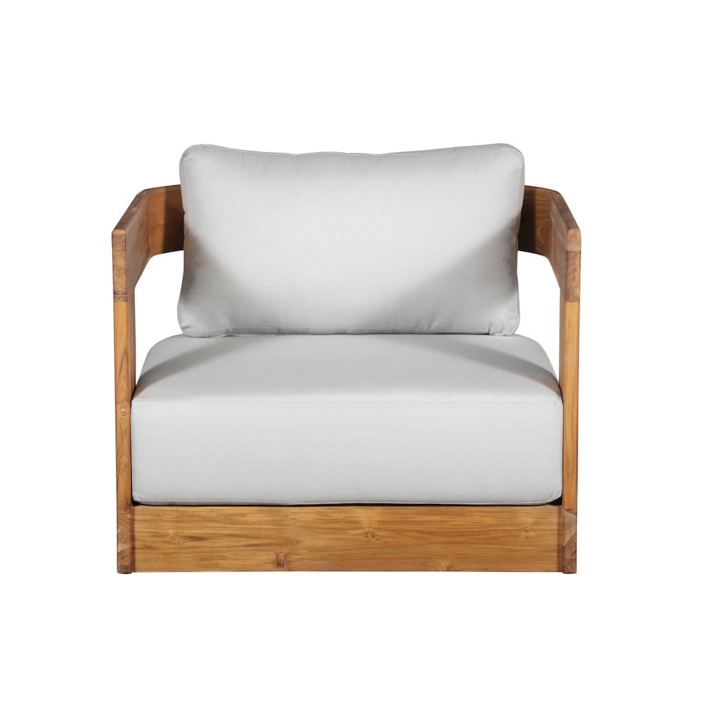 Paradiso Outdoor Solid Teak Swivel Chair - Light Grey Fabric. Picture 1