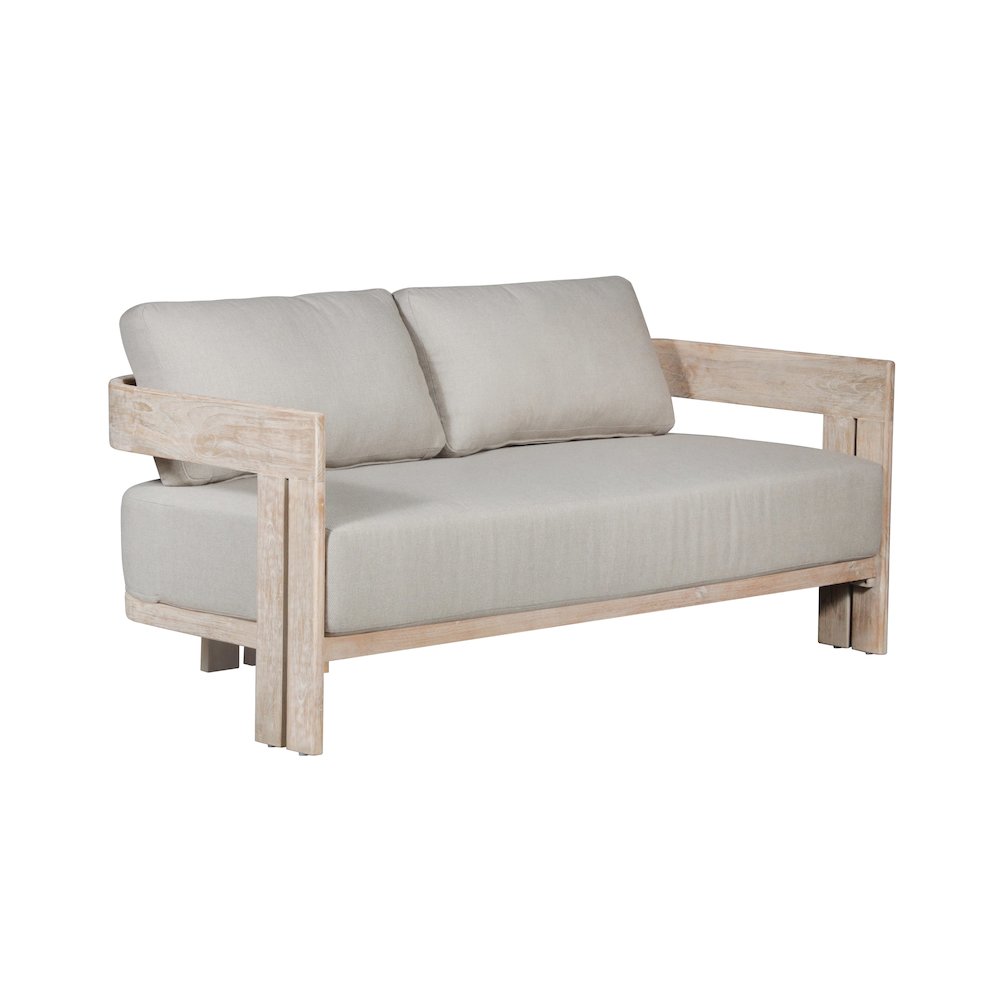 Paradiso Outdoor Solid Teak Wood Love seat Natural Look - Gray Fabric. Picture 1