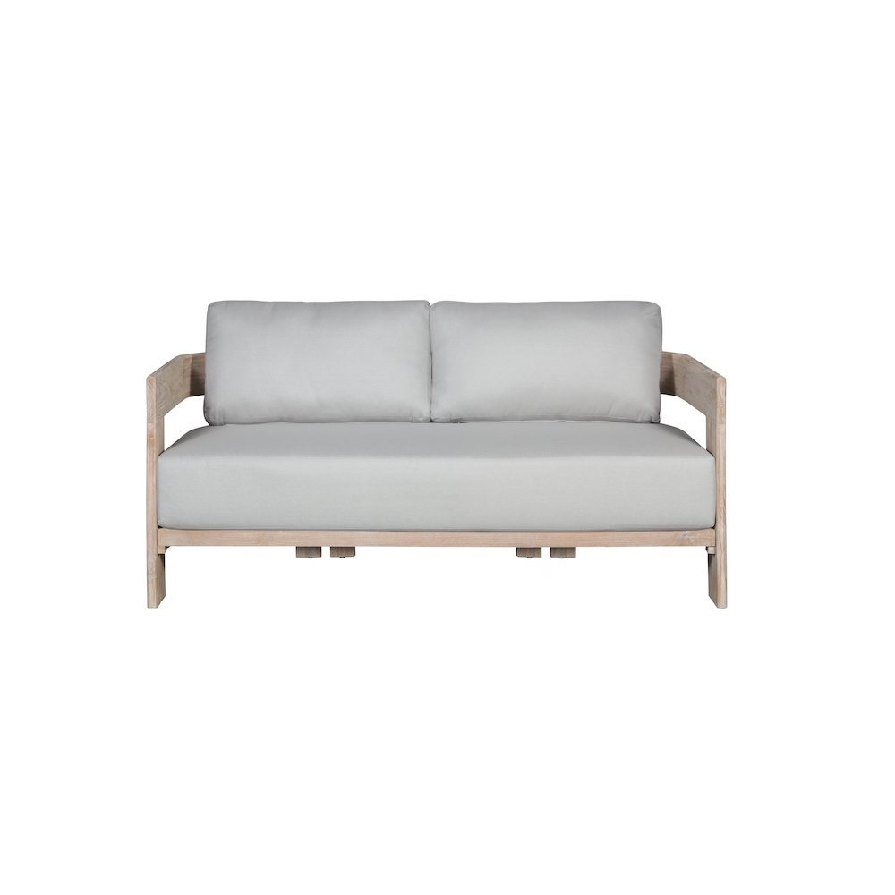 Paradiso Outdoor Solid Teak Wood Love seat - Light Gray Fabric. Picture 1