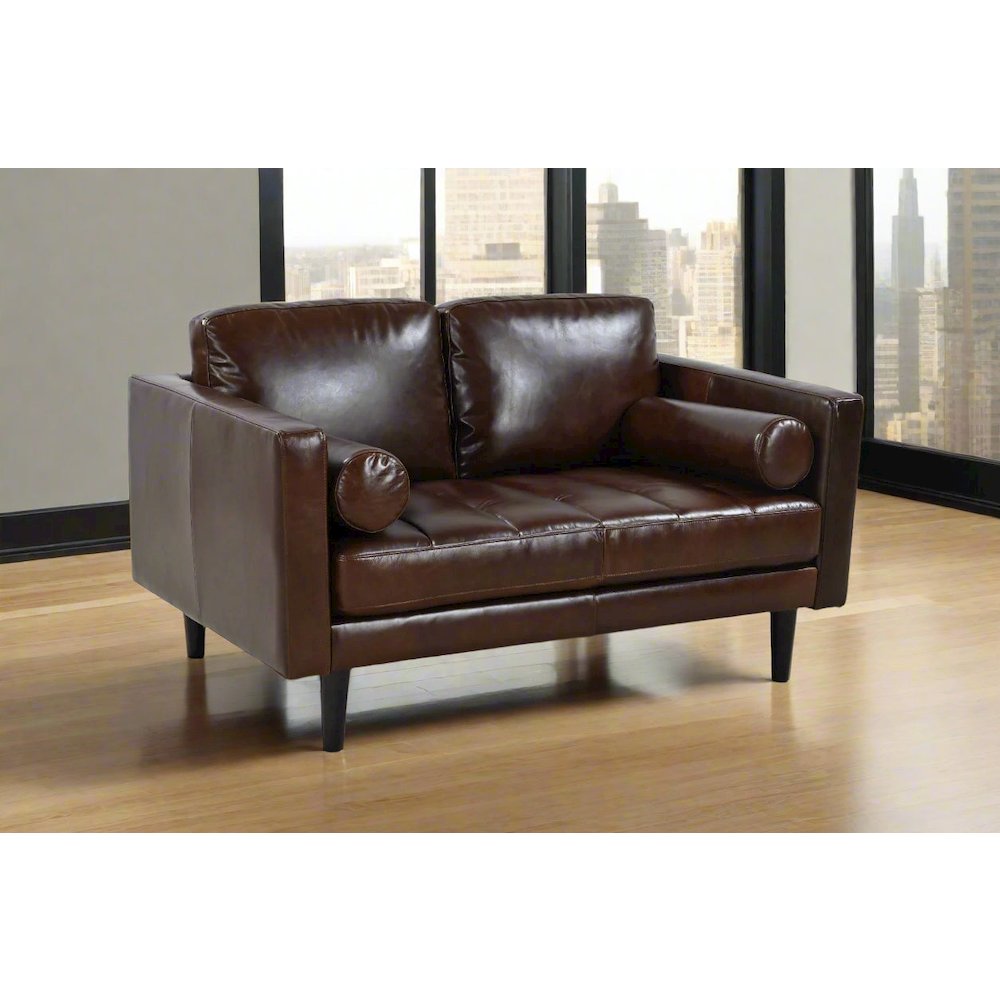 Philippe Top Grain Leather Love Seat - Chocolate Brown. Picture 1