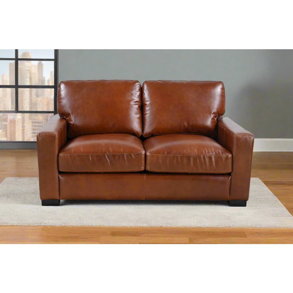 Claudette Top Grain Leather Love Seat - Chestnut. Picture 2