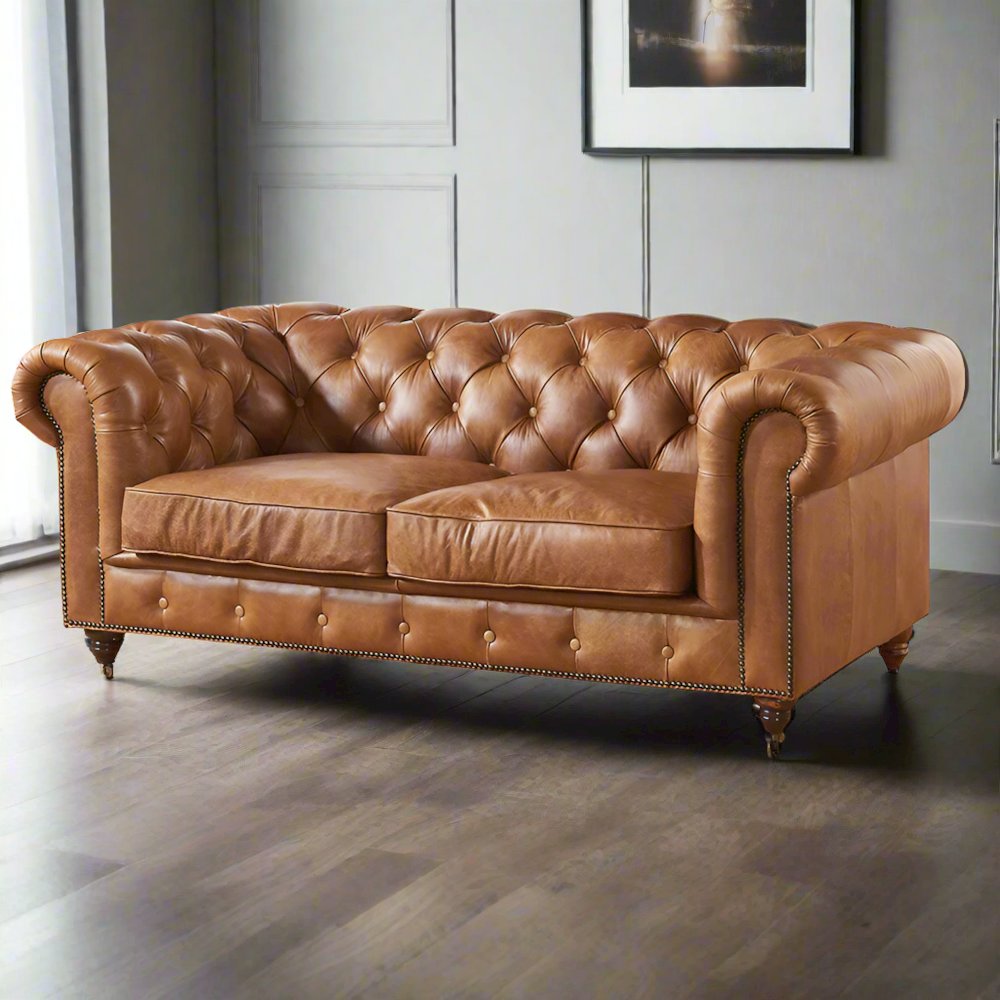 Century Chesterfield Love Seat - Light Brown Leather. Picture 3