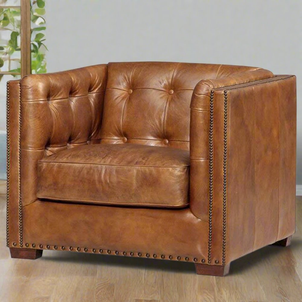 Tuxedo Leather Arm Chair - Light Brown. Picture 2