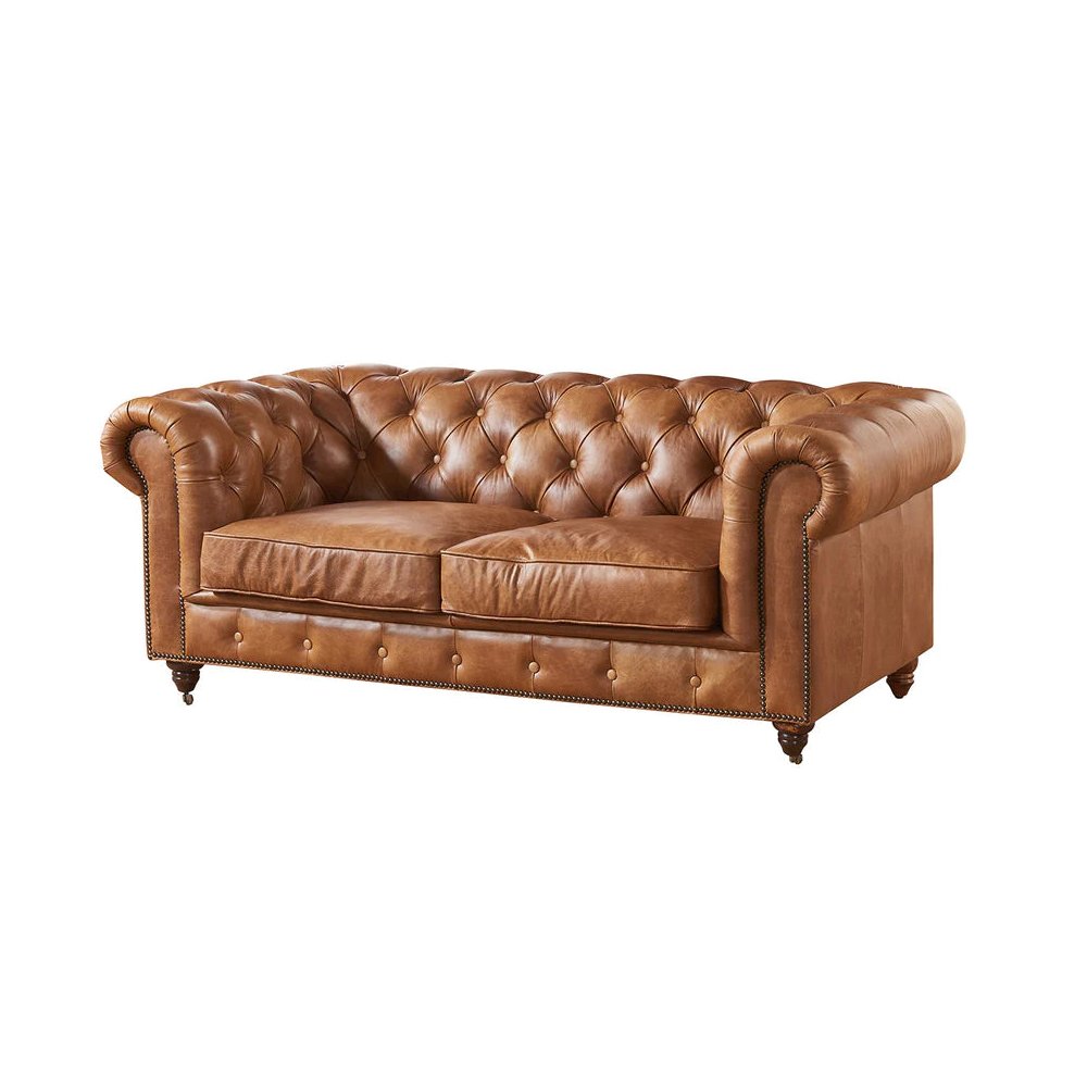 Century Chesterfield Love Seat - Light Brown Leather. Picture 1
