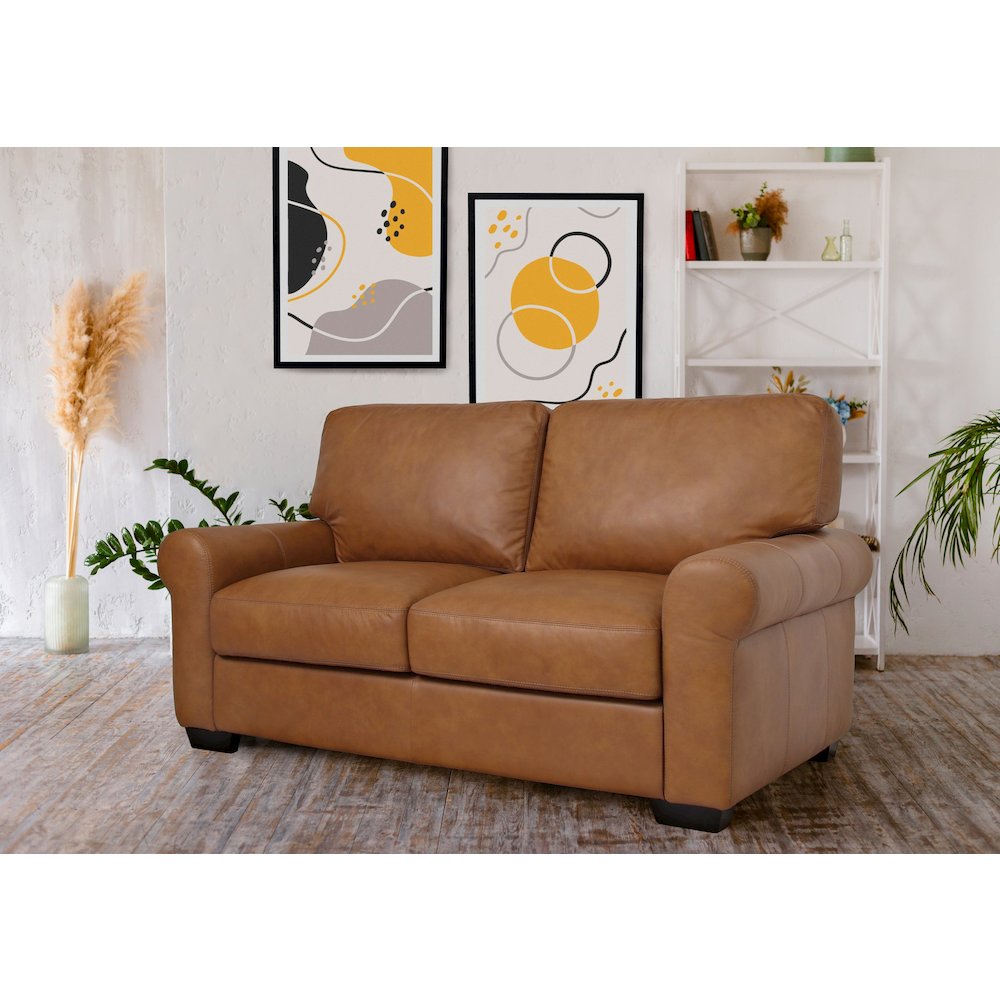 Florentine Top Grain Leather Love Seat - Tan. Picture 2