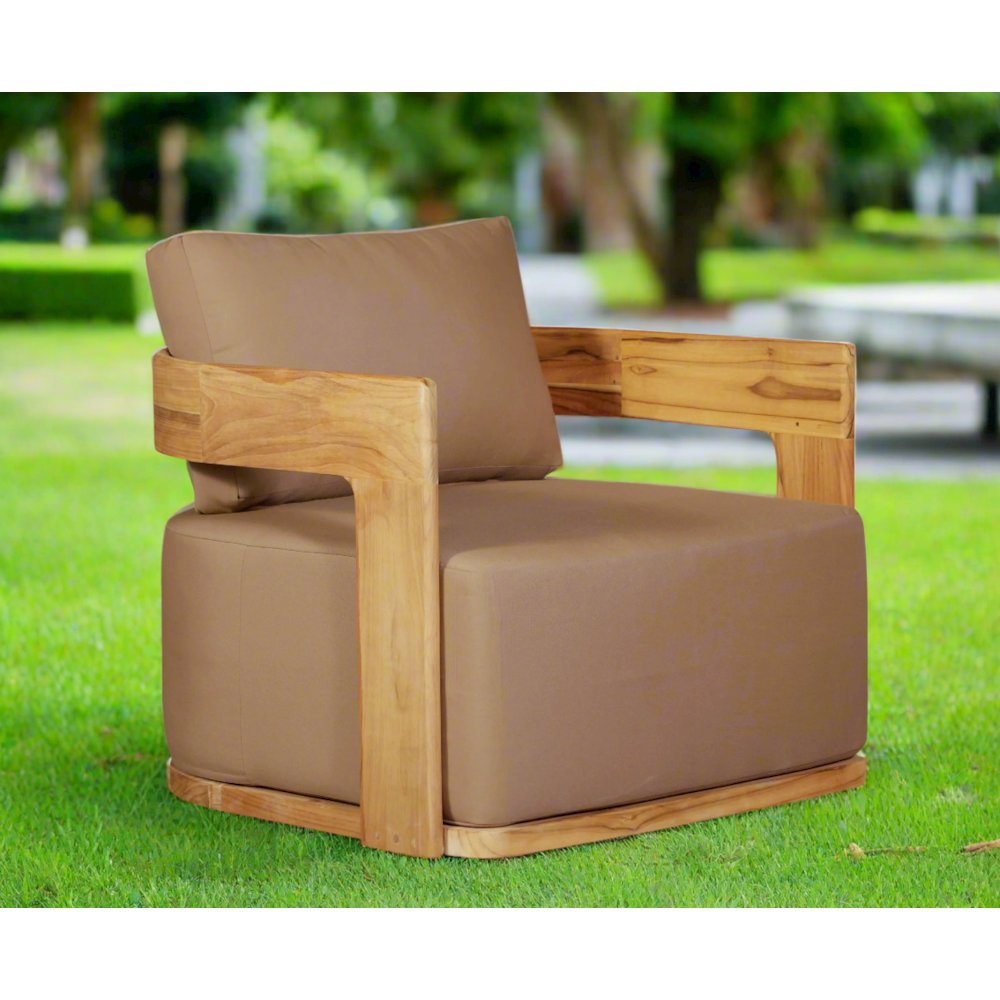 Eclipse Outdoor Solid Teak Wood Revolving Chair - Light Brown Fabric. Picture 2