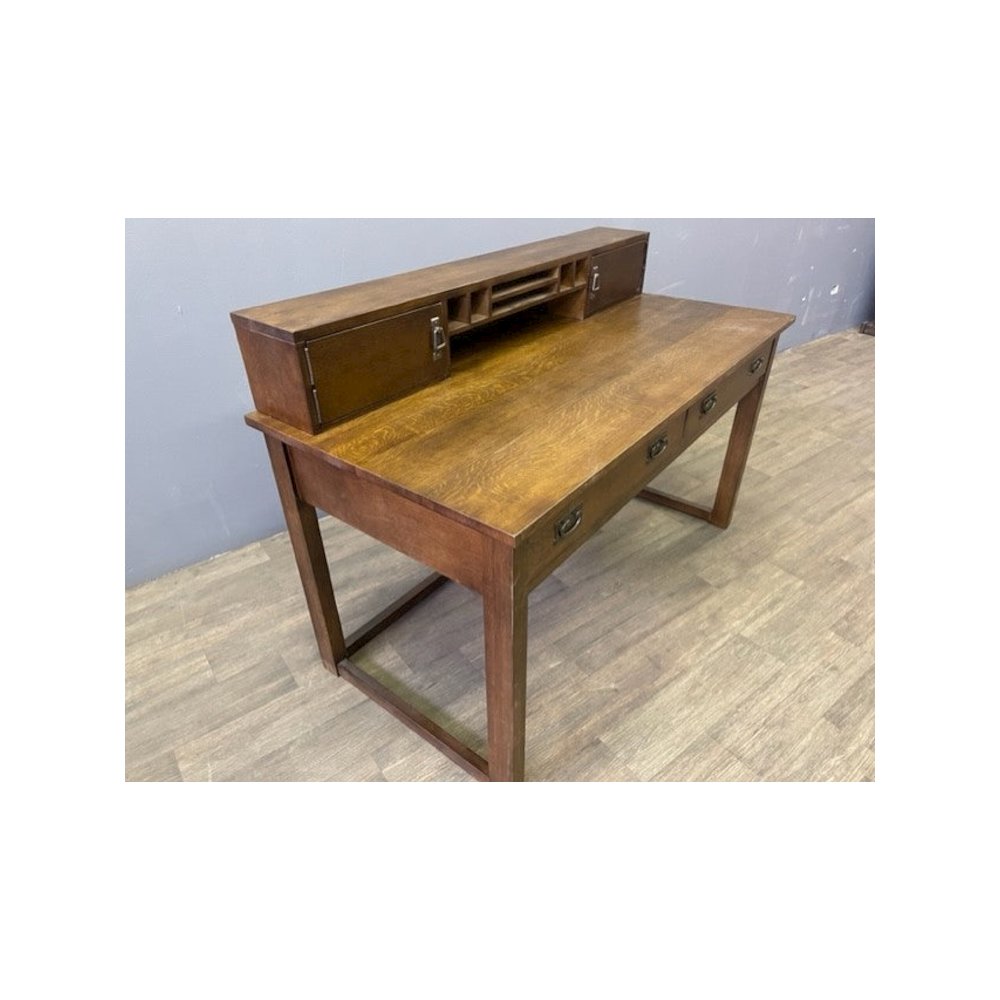 Mission Style Oak Library Table With Hutch - Walnut. Picture 1