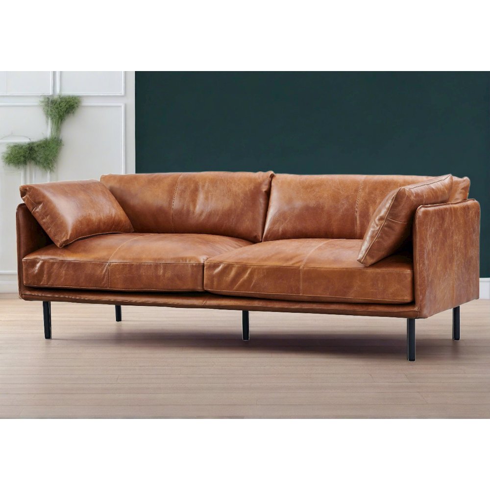 Venezia Industrial Modern Love Seat - Light Brown Leather. Picture 2