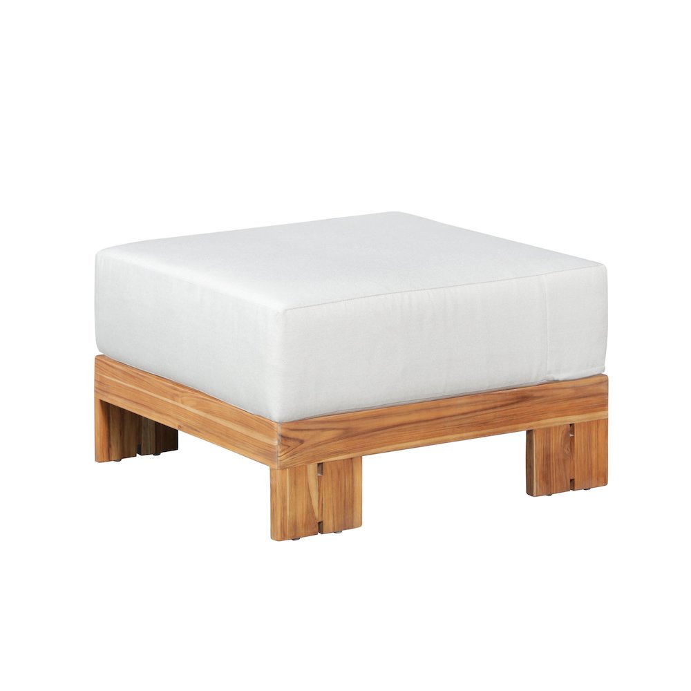 Paradiso Outdoor Solid Teak Wood Ottoman - Light gray fabric. Picture 2