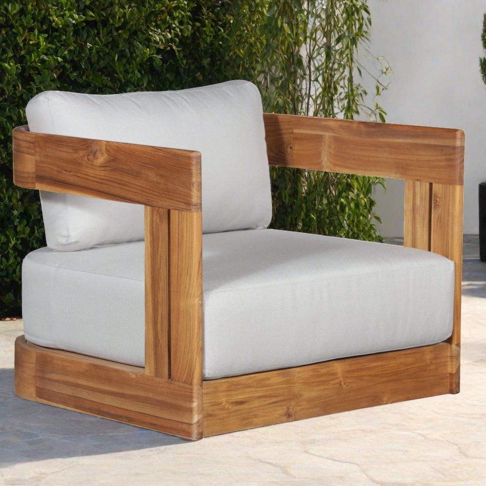 Paradiso Outdoor Solid Teak Swivel Chair - Light Grey Fabric. Picture 2